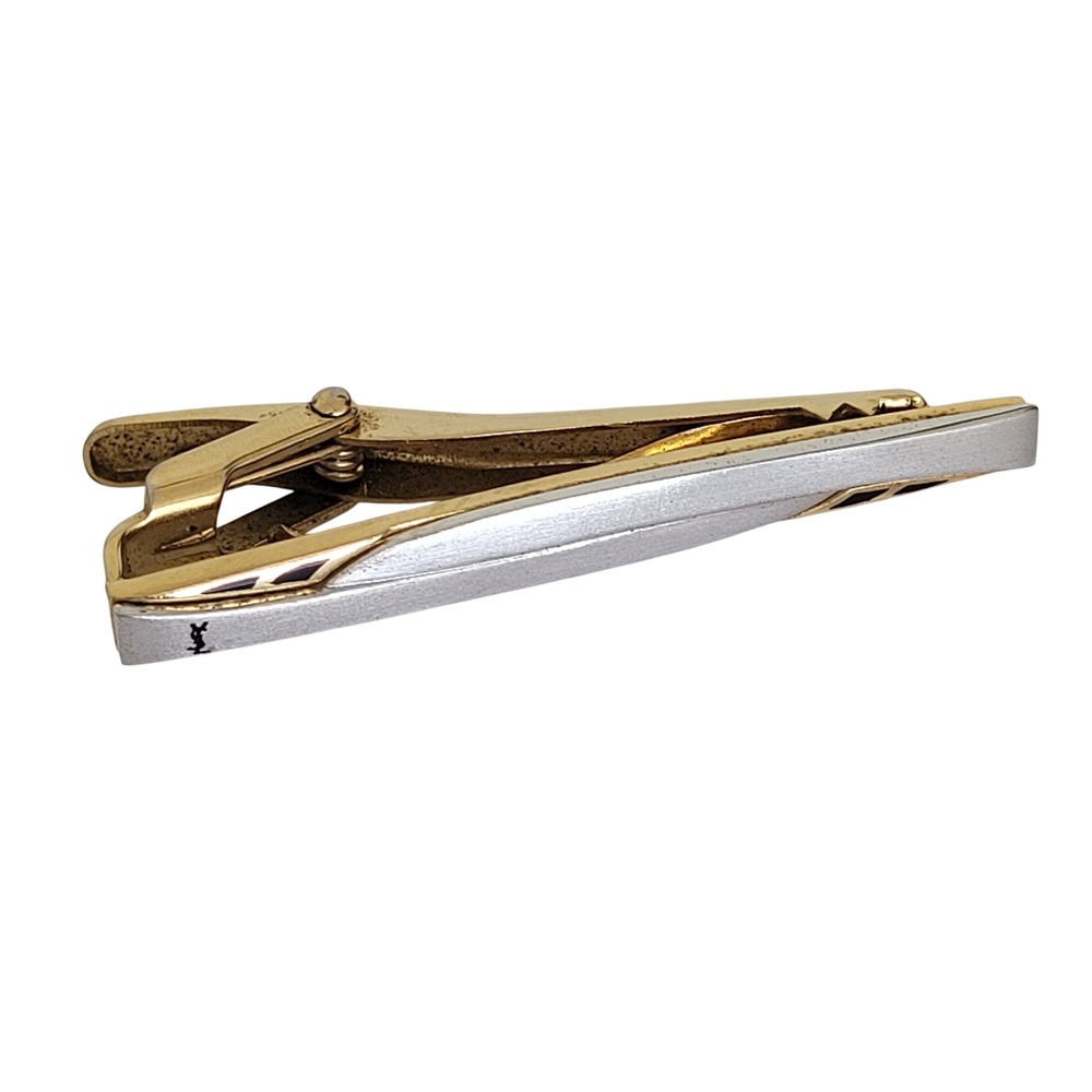 Yves Saint Laurent Vintage Tie Clip Two Tone Gold Silver Logo Men Accessory 2"